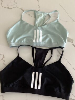 adidas Light Blue and Black Racerback Sports Bras with White Stripe Detail
